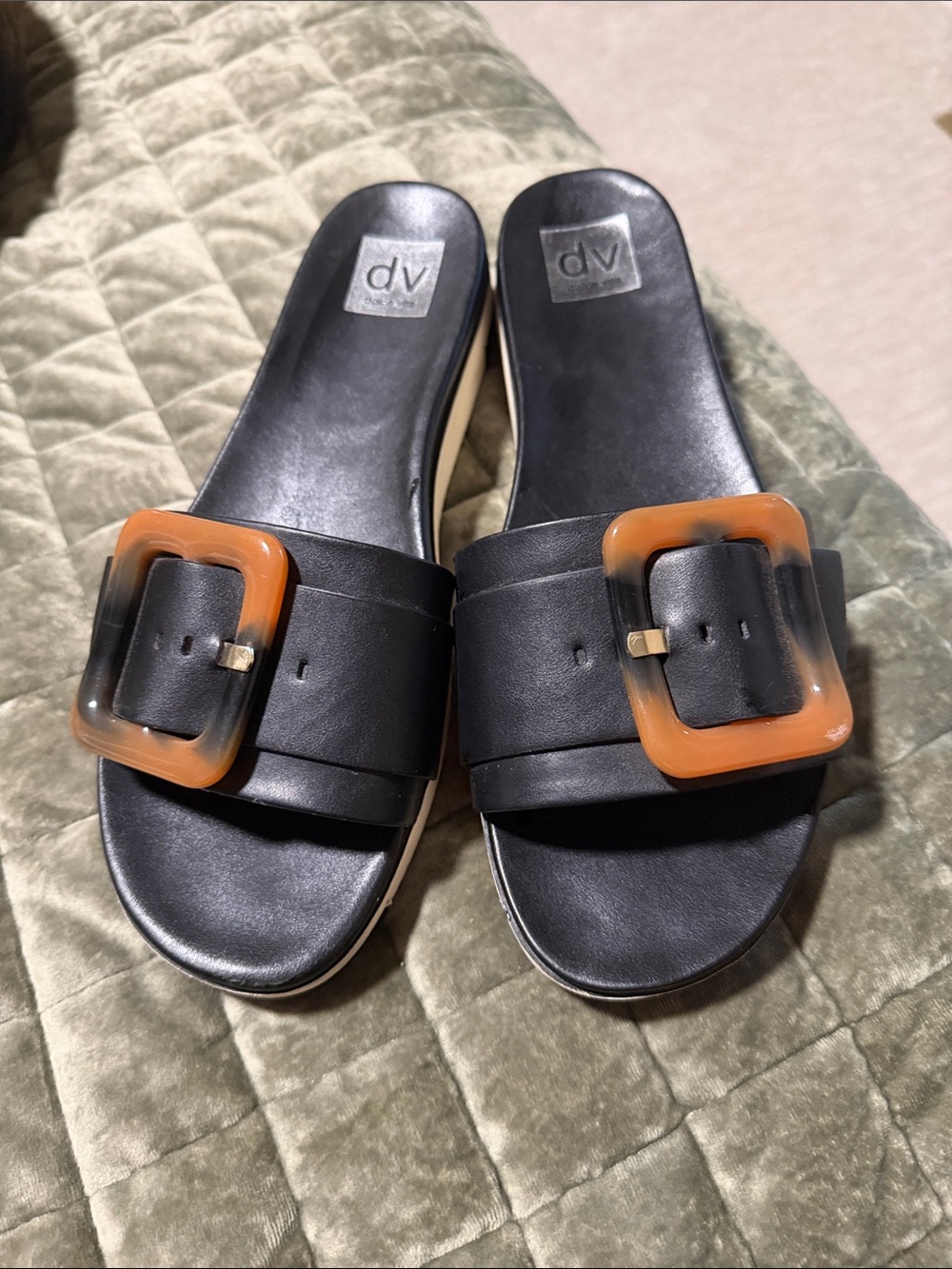 DV by Dolce Vita Black Slide Sandals with Tortoiseshell Buckles
